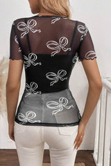 Bow Mesh Round Neck Short Sleeve T-Shirt