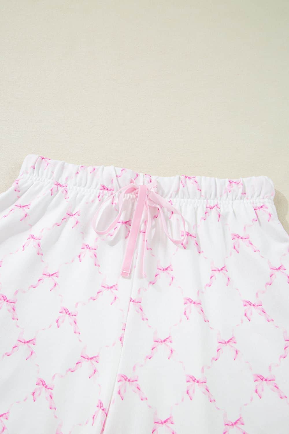 Bow Print Lettuce Trim Round Neck Top and Shorts Lounge Set