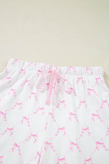 Bow Print Lettuce Trim Round Neck Top and Shorts Lounge Set