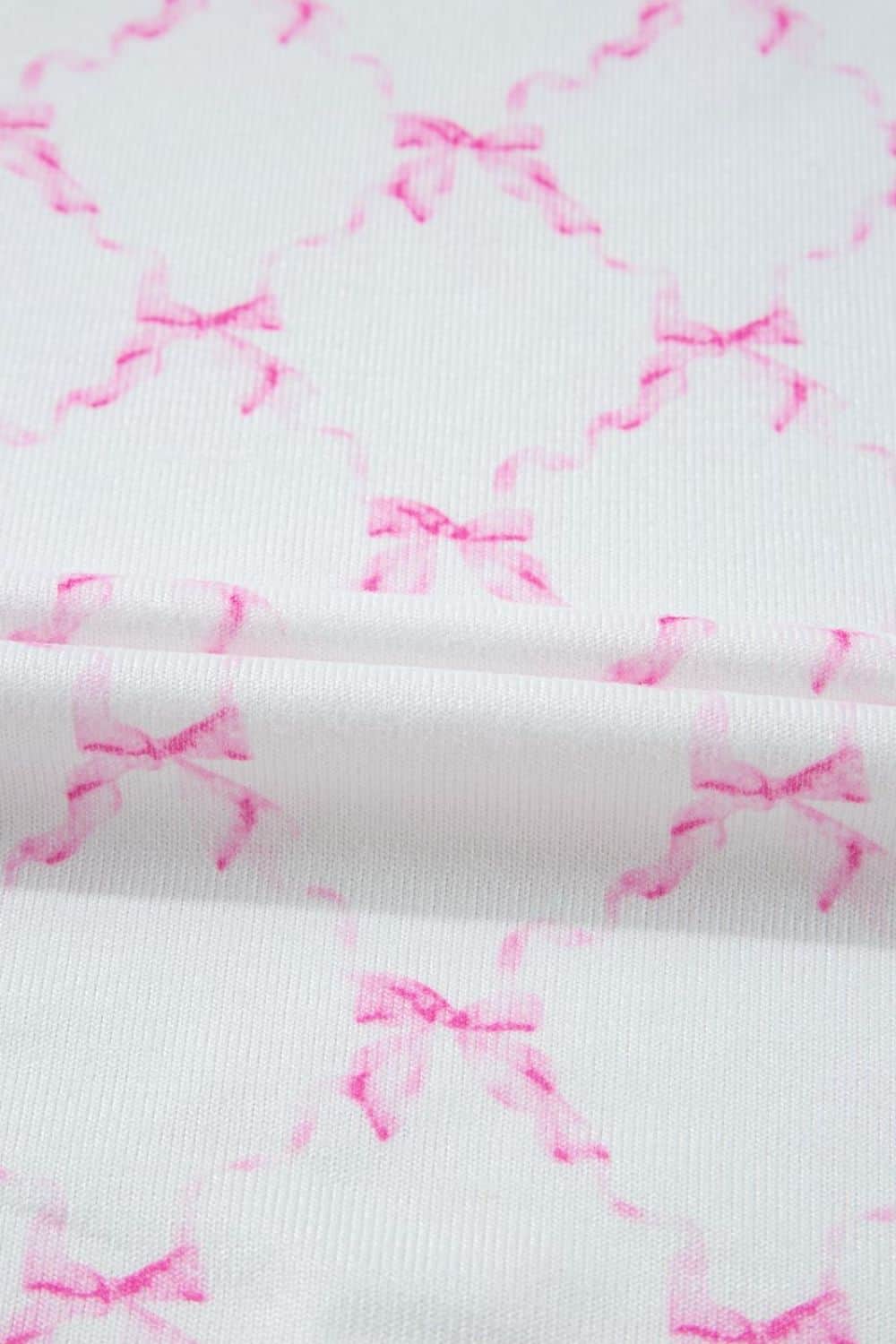 Bow Print Lettuce Trim Round Neck Top and Shorts Lounge Set