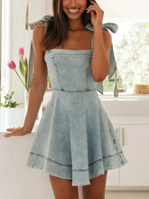 Bow-Shoulder Square Neck Denim Mini Dress Light Blue / S