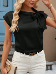 Bow Tie Cap Sleeve Blouse Black / S