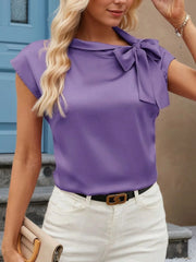 Bow Tie Cap Sleeve Blouse Purple / S