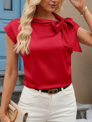 Bow Tie Cap Sleeve Blouse Red / S