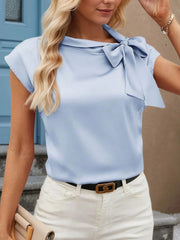 Bow Tie Cap Sleeve Blouse Sky Blue / S