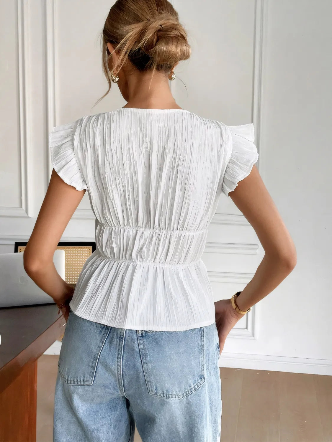 Bow V-Neck Cap Sleeve Blouse