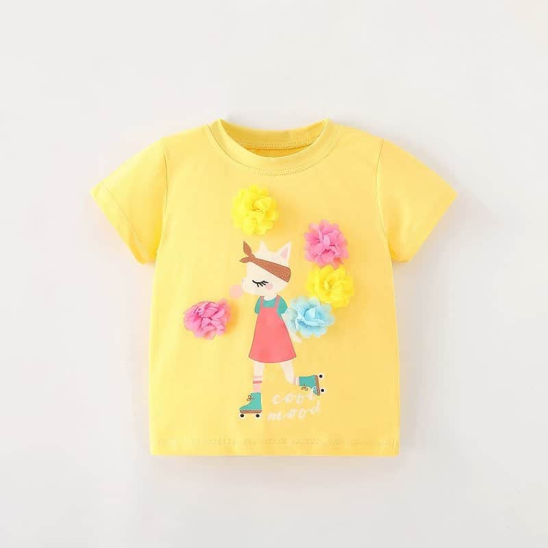 Bright Yellow Short Sleeve T-Shirt for Girls with Whimsical Cat on Roller Skates 2-3 Years / Yellow