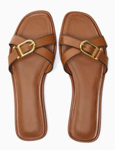 Brown Leather Metal Big Toe Ring Flat Sandals