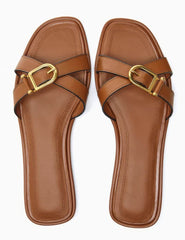 Brown Leather Metal Big Toe Ring Flat Sandals