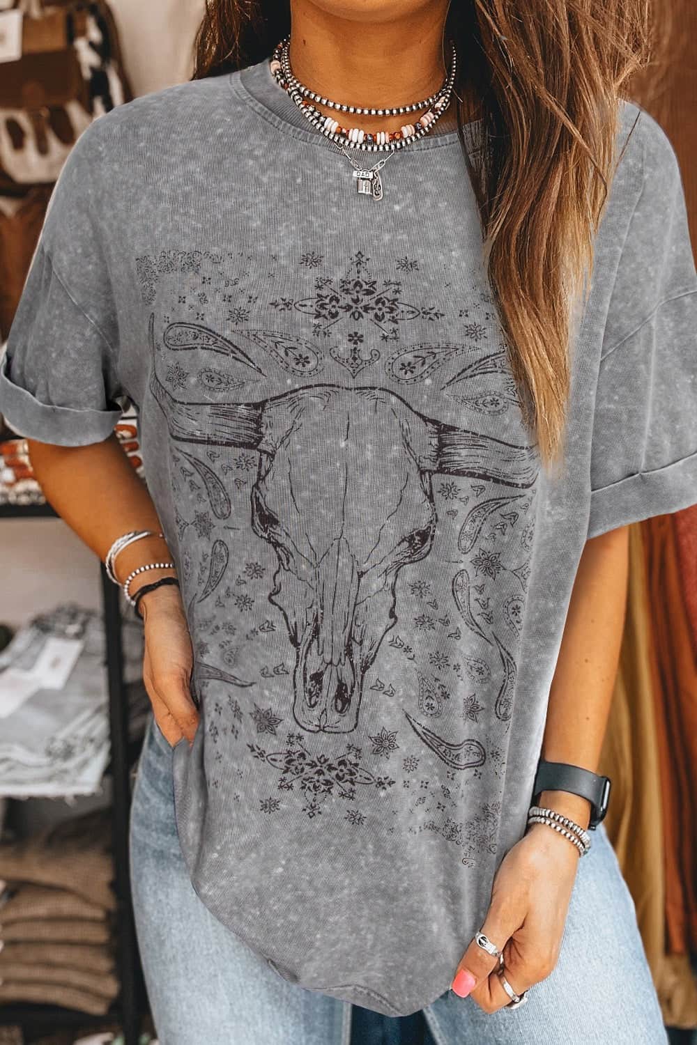 Bull Head Round Neck Half Sleeve T-Shirt Dark Gray / XL