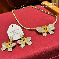 Butterfly Decorated Rhinestone Earring Necklace Set