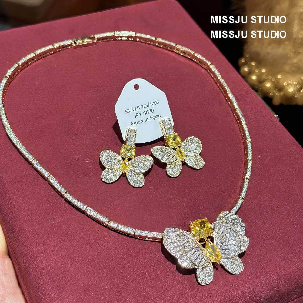 Butterfly Decorated Rhinestone Earring Necklace Set