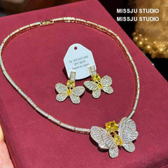 Butterfly Decorated Rhinestone Earring Necklace Set