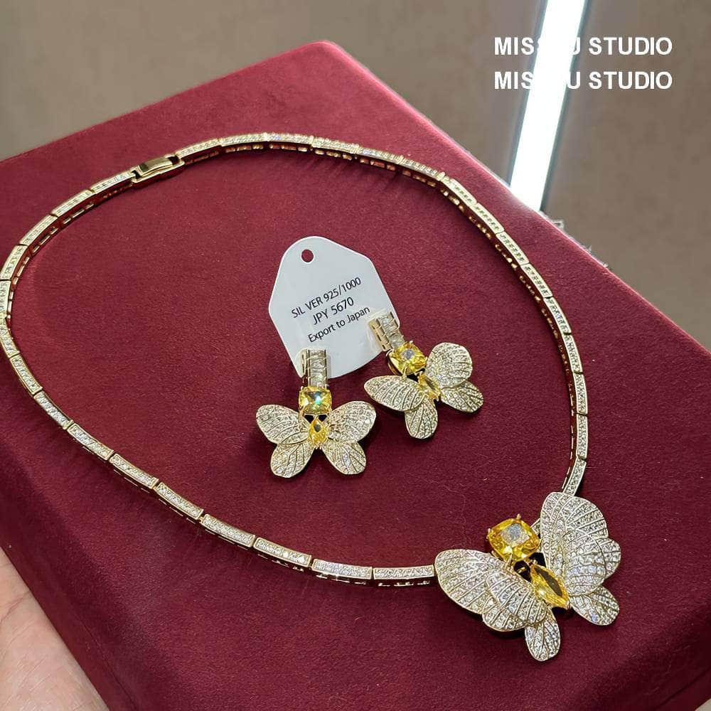 Butterfly Decorated Rhinestone Earring Necklace Set