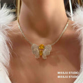 Butterfly Decorated Rhinestone Earring Necklace Set White / Necklace