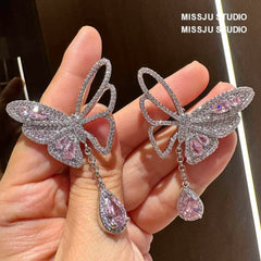 Butterfly Pink Crystal Teardrop Statement Earrings Pink