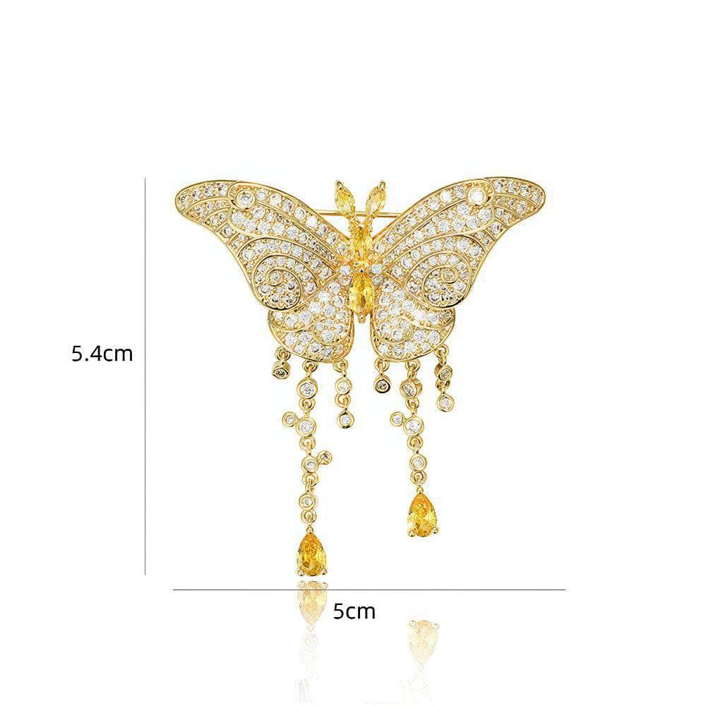 Butterfly Rhinestone Decor Tassel Diamante Brooch Gold