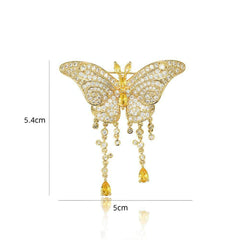 Butterfly Rhinestone Decor Tassel Diamante Brooch Gold