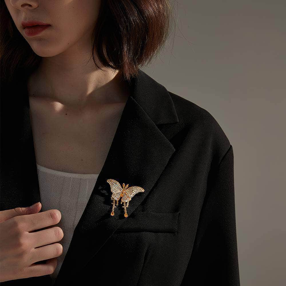 Butterfly Rhinestone Decor Tassel Diamante Brooch Gold