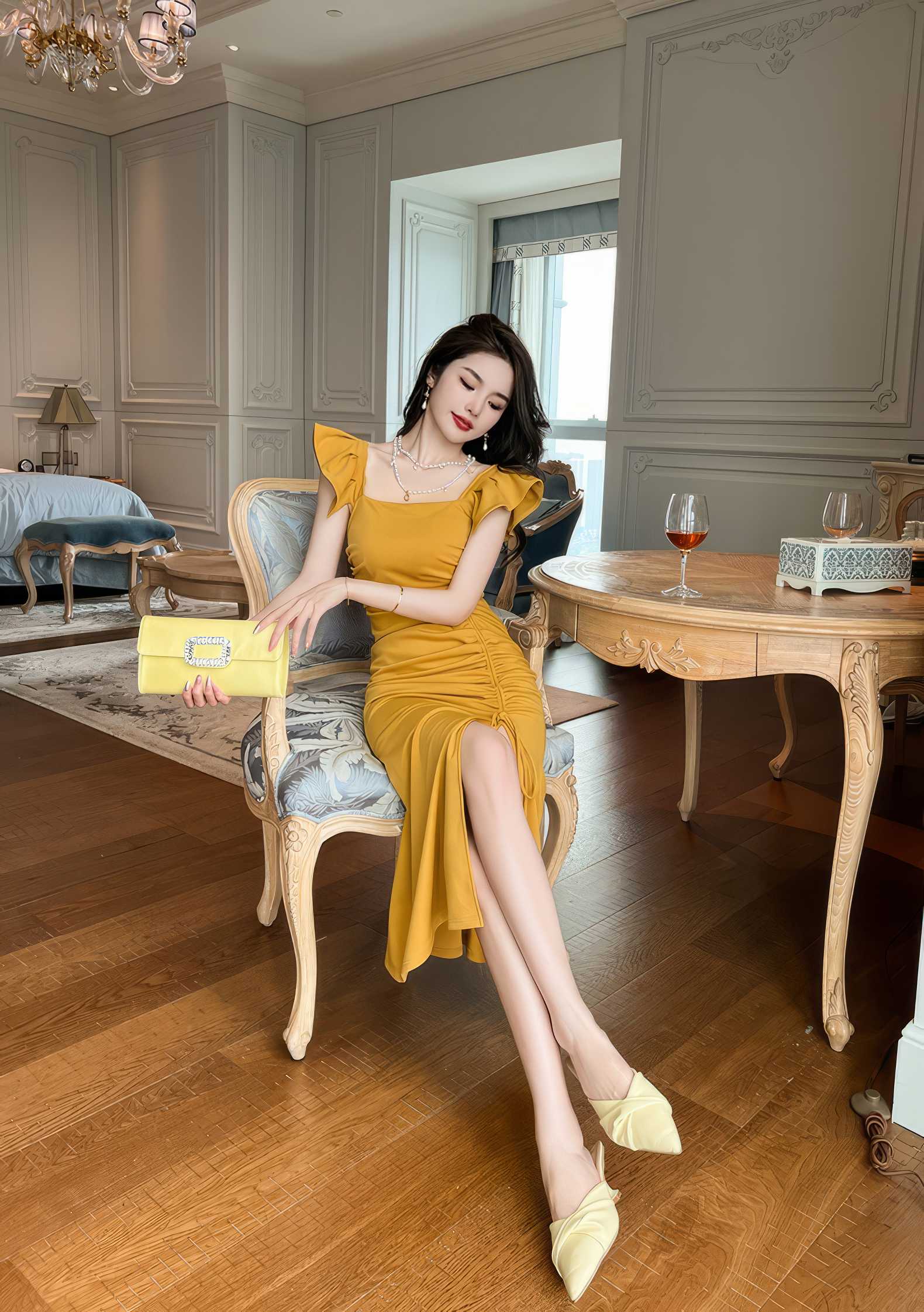 Butterfly Sleeves Mermaid Ruffle Drawstring Dress