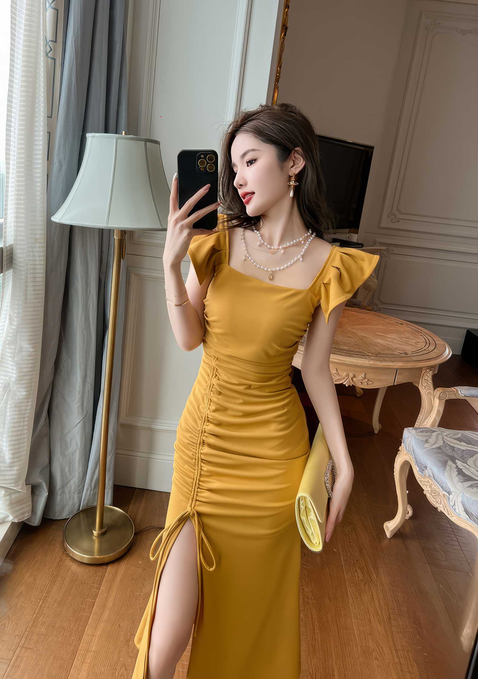 Butterfly Sleeves Mermaid Ruffle Drawstring Dress