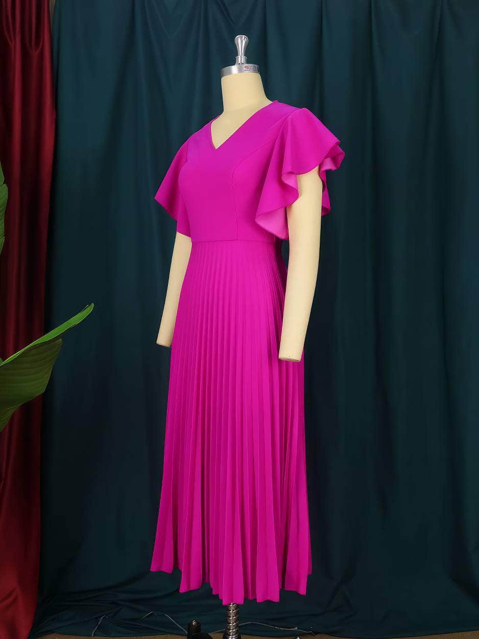 Butterfly Sleeves Pleated Hem V-Neck Dress
