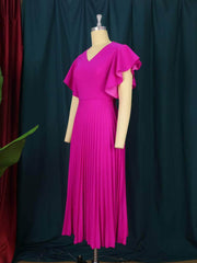 Butterfly Sleeves Pleated Hem V-Neck Dress