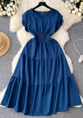 Butterfly Sleeves Ruched Waist Layered A-line Dress MAX SIZE / Blue