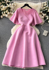 Butterfly Sleeves Ruffled A-line Dress S / Pink