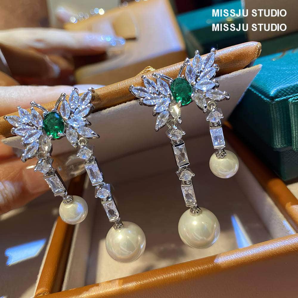 Butterfly Studded Drop Crystal Pearl Earrings Green