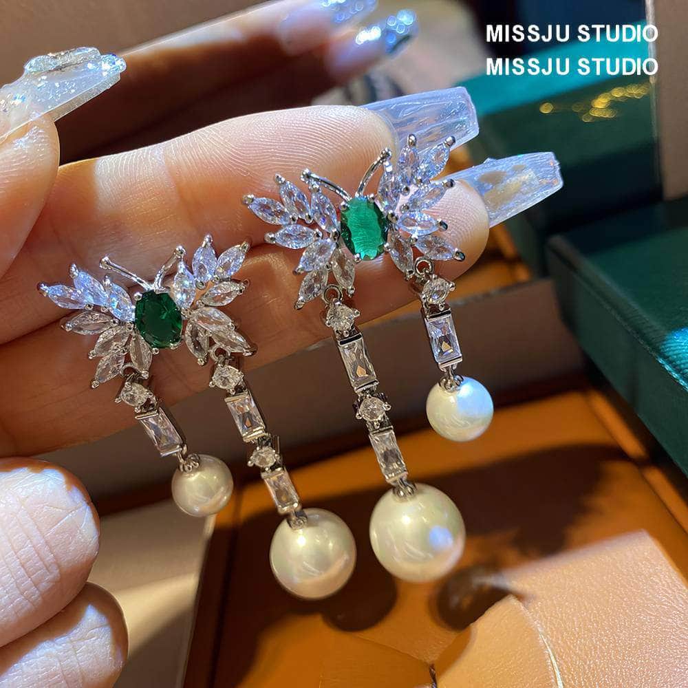 Butterfly Studded Drop Crystal Pearl Earrings Green