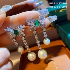 Butterfly Studded Drop Crystal Pearl Earrings Green
