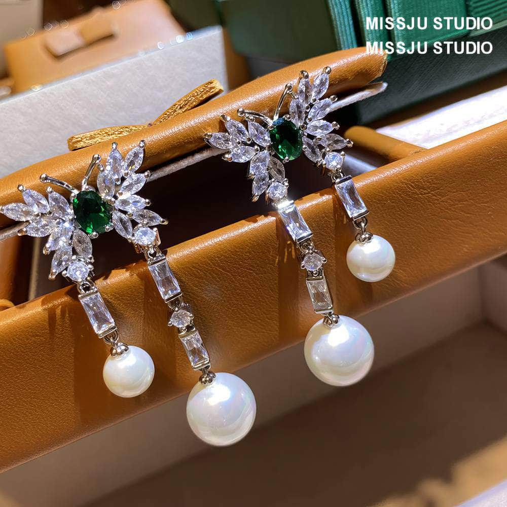 Butterfly Studded Drop Crystal Pearl Earrings Green