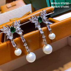 Butterfly Studded Drop Crystal Pearl Earrings Green