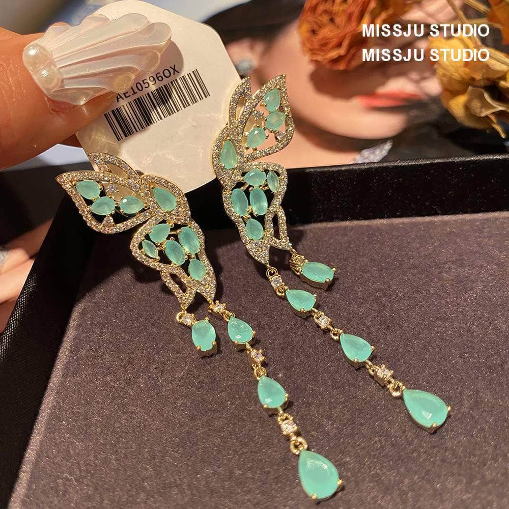 Butterfly Winged Tassel Gold Earrings Green