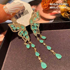 Butterfly Winged Tassel Gold Earrings Green