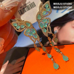 Butterfly Winged Tassel Gold Earrings Green