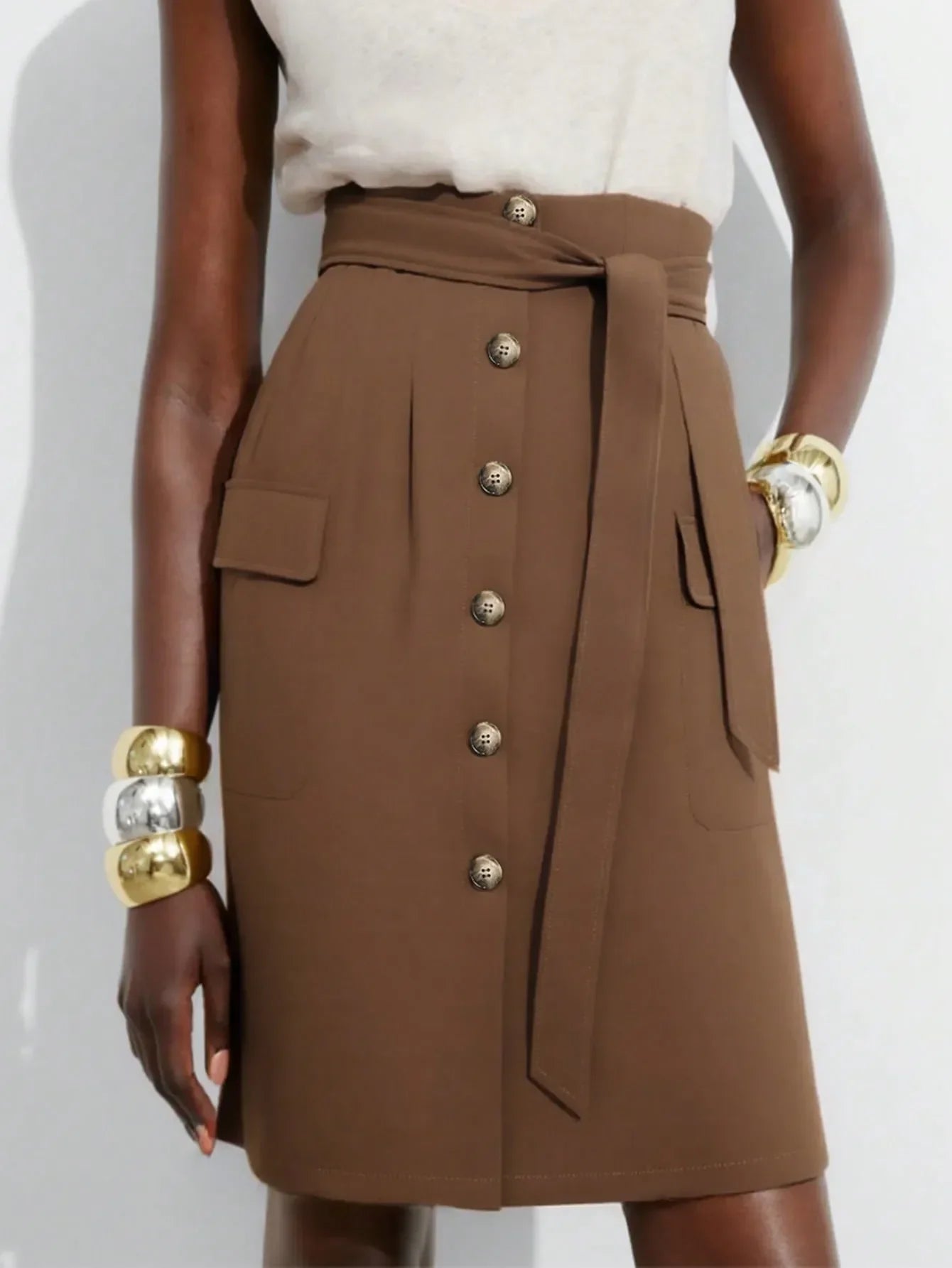Button Detail Belted Cargo Skirt