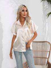 Button Down Collared Neck Short Sleeve Satin Shirt