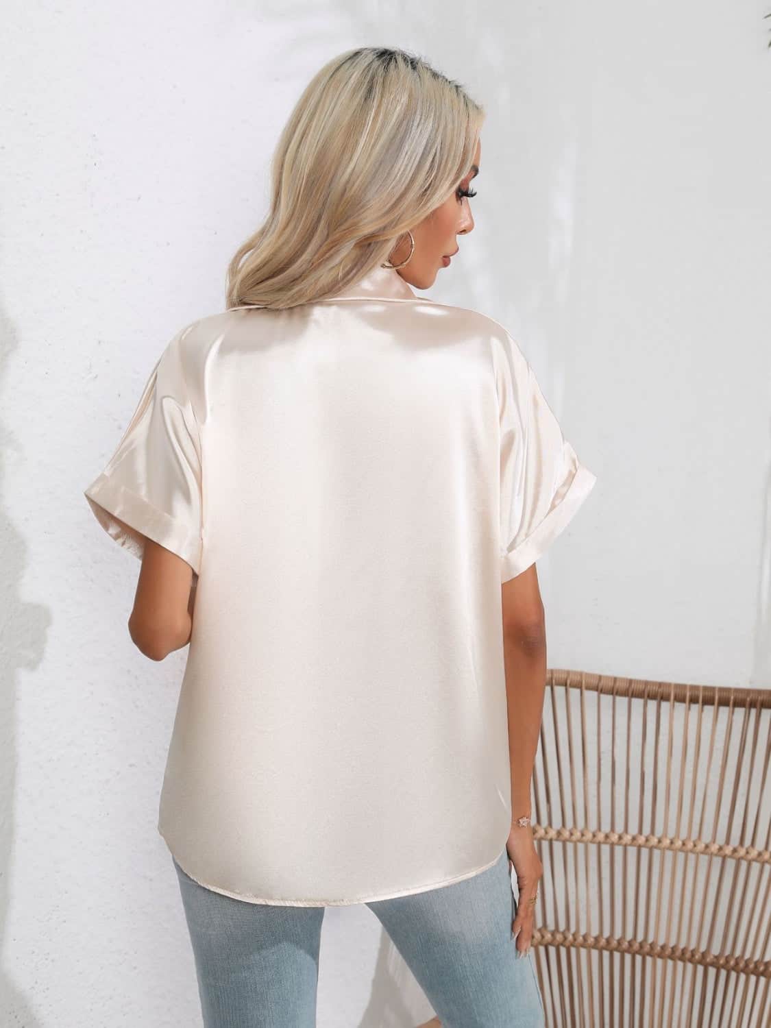 Button Down Collared Neck Short Sleeve Satin Shirt
