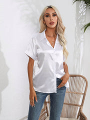 Button Down Collared Neck Short Sleeve Satin Shirt