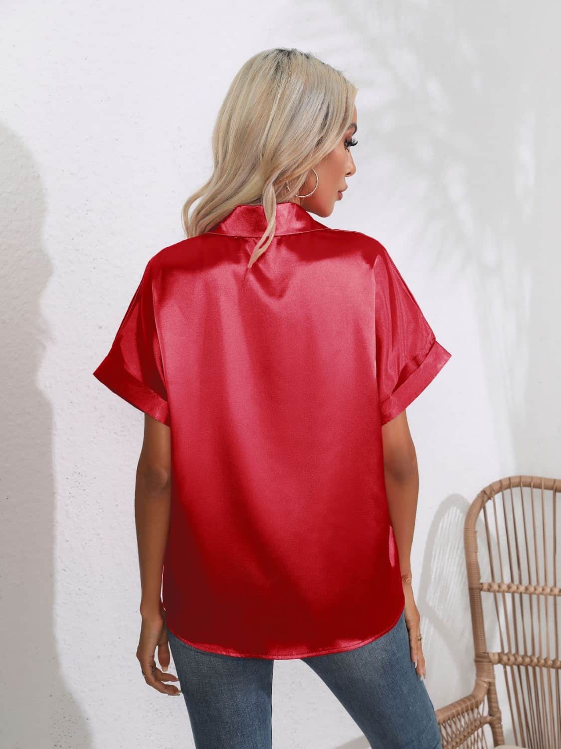 Button Down Collared Neck Short Sleeve Satin Shirt