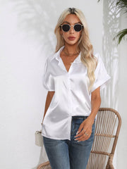 Button Down Collared Neck Short Sleeve Satin Shirt