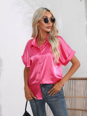 Button Down Collared Neck Short Sleeve Satin Shirt