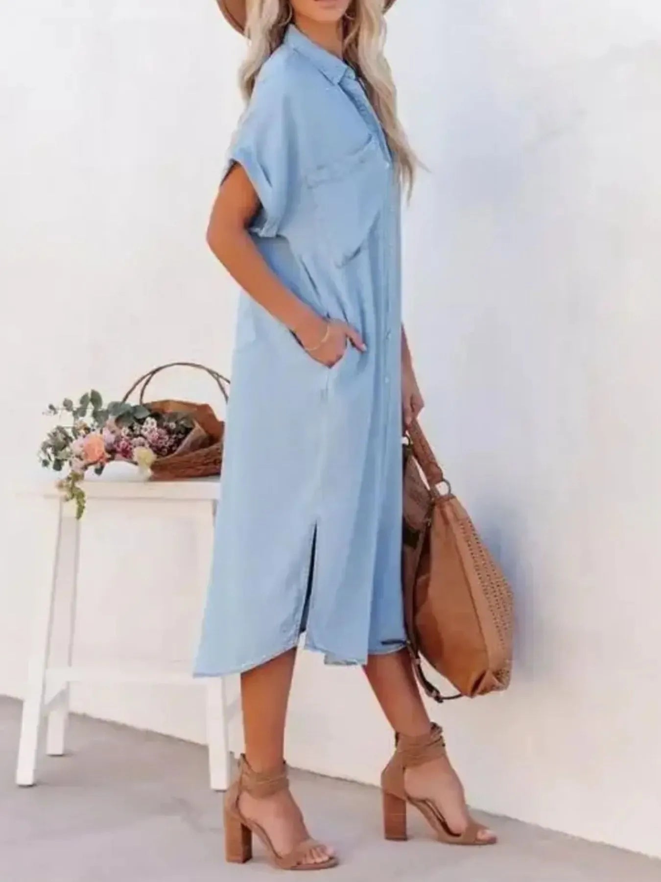 Button Down Denim Midi Shirt Dress