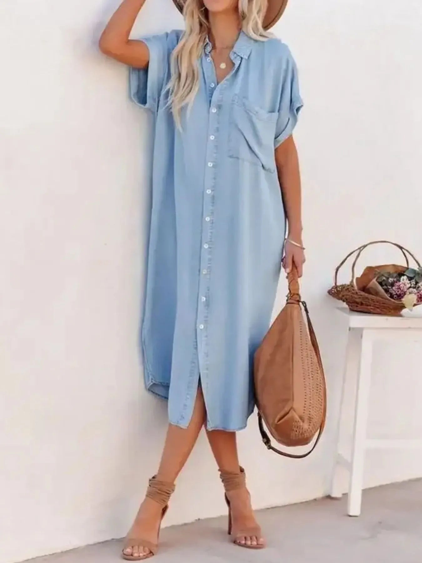 Button Down Denim Midi Shirt Dress