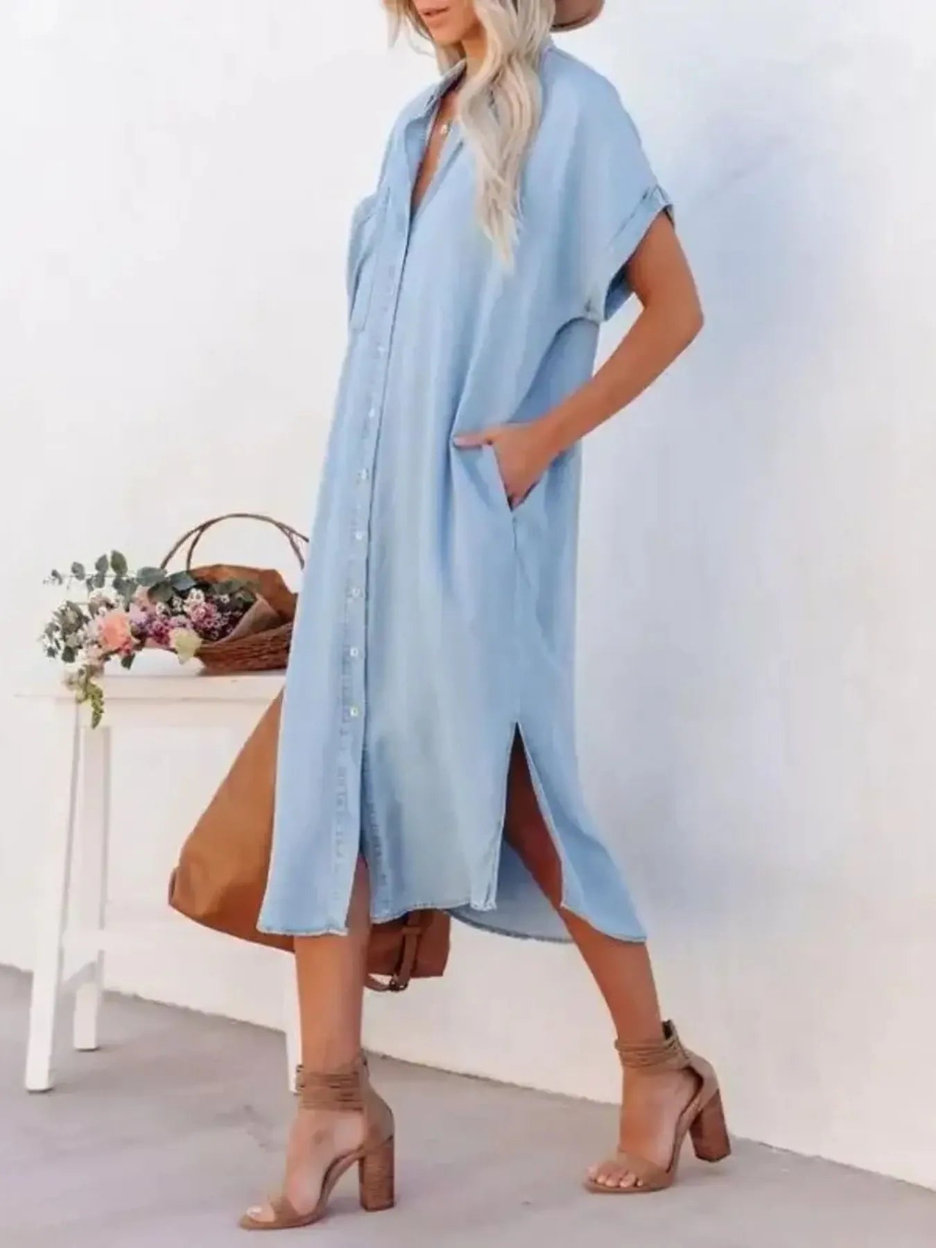 Button Down Denim Midi Shirt Dress