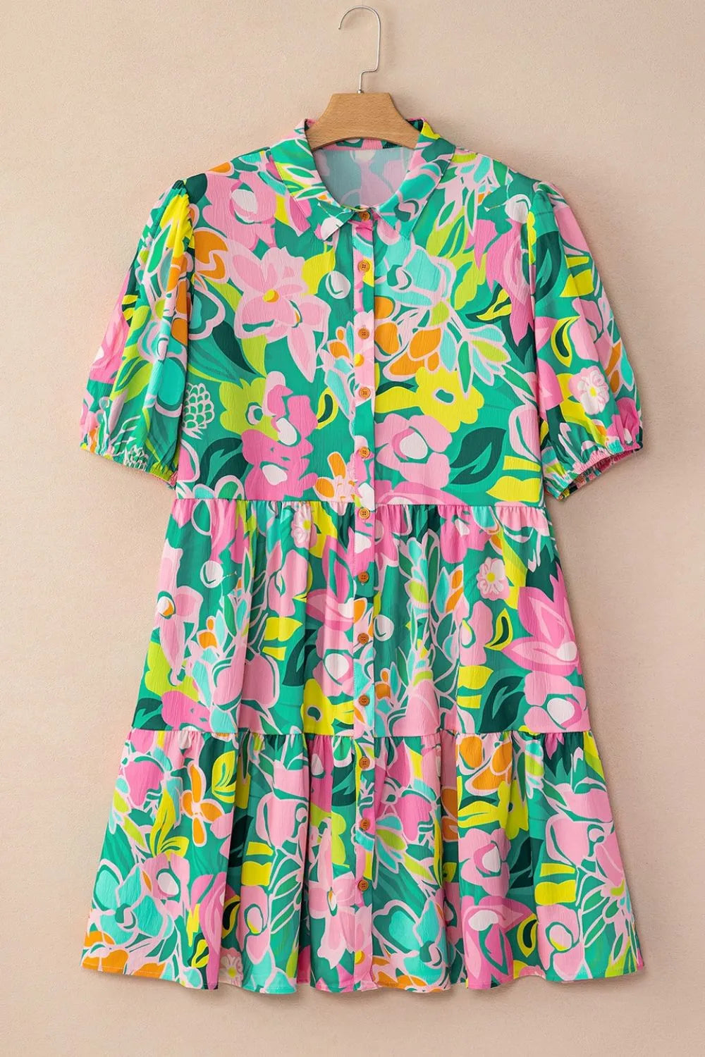 Button Down Floral Puff Sleeve Babydoll Dress