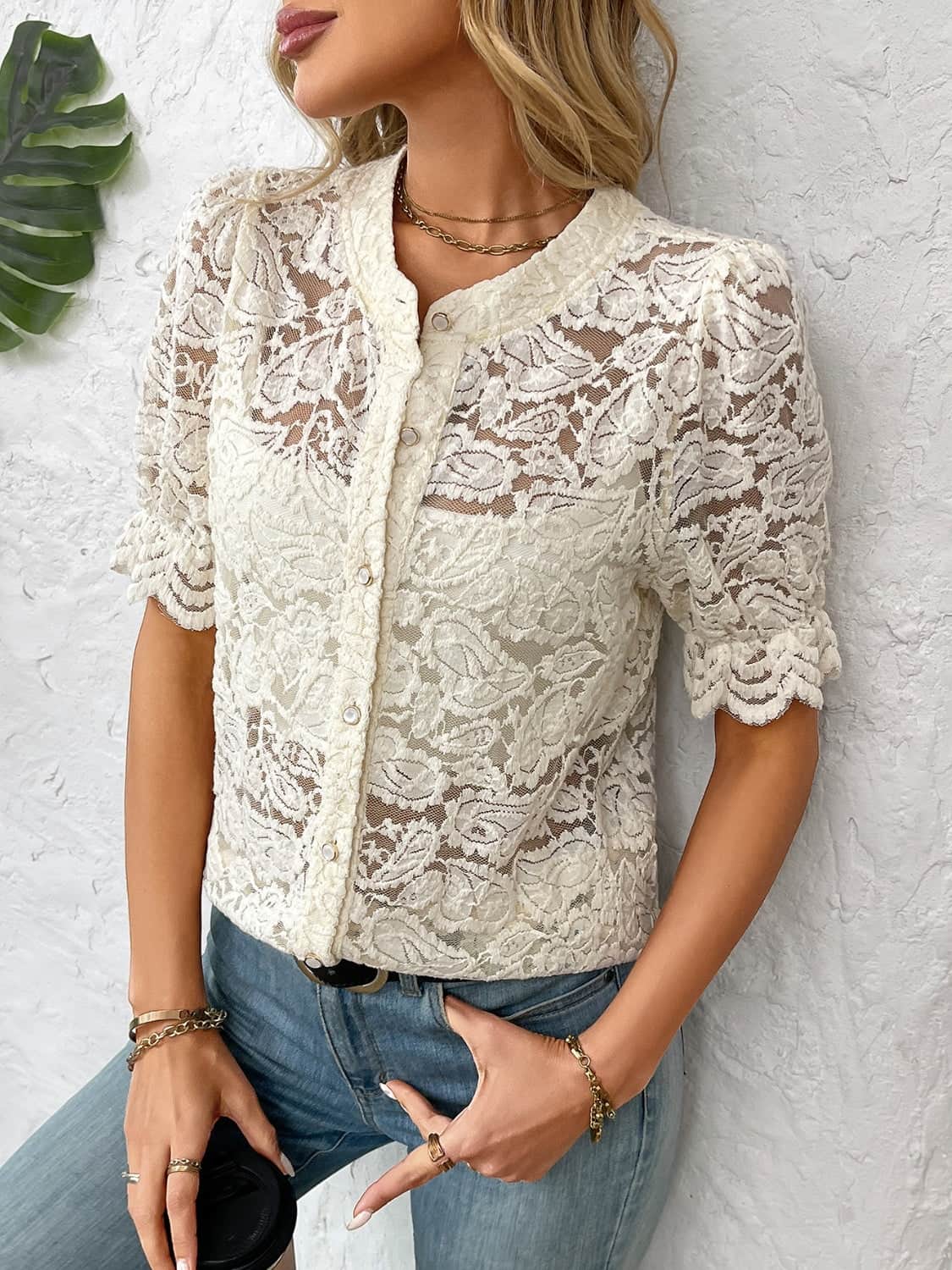Button Down Half Sleeve Lace Shirt