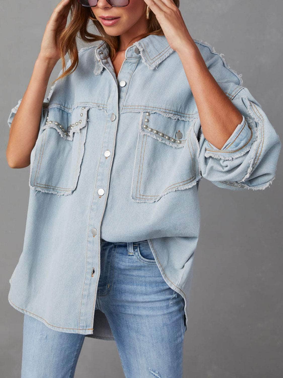 Button Down Raw Hem Denim Jacket Light Blue / S